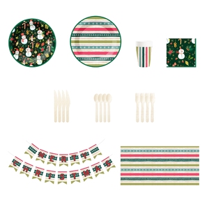 Ensemble de vaisselle de fête personnalisé DAMAI pour Noël, assiettes, gobelets et serviettes en papier à rayures vertes avec impression de bonhomme de neige jetables - Product Image 2