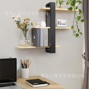 Wooden <b>Wall</b> <b>Mounted</b> <b>Shelf</b> 3 Tier Black Frame Natural Wood <b>Shelves</b> For Home Living Room Plant Display Storage Rack - Product Image 2