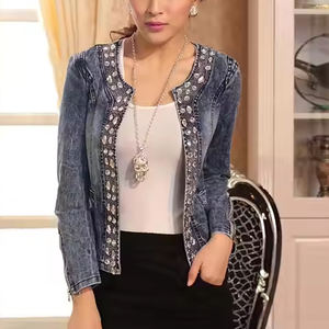 Veste en jean décontractée pour femmes Slim Fit matelassée Patchwork Rhinestone Design automne coton économique matelassée veste en jean pour femmes - Product Image 3