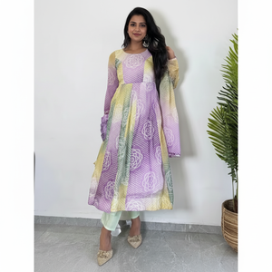 Tout nouveau costume Anarkali pur doux léger Organza Bandhej tissu Micro coton intérieur Kali coupe attaché toile Patta pour les fêtes - Product Image 1