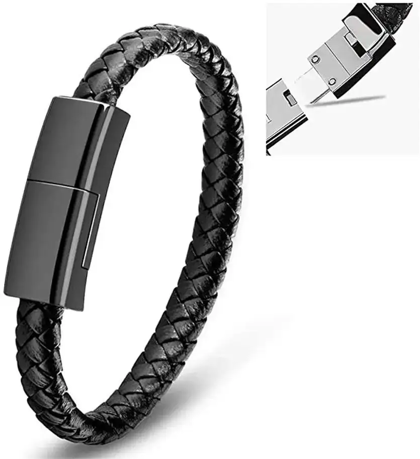 Leather Bracelet Micro USB Cable Data Charging Cable Braided Cords USB Portable Travel Charger for Men Women for Android iphone