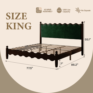 Lit double classique en bois massif de style <span class=keywords><strong>campagne</strong></span> française avec tête de lit en velours vert ondulé, <span class=keywords><strong>chic</strong></span> rétro et confortable pour suite parentale - Product Image 3
