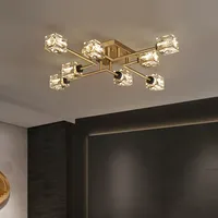Lámpara de Techo de Latón Macizo, Estilo Postmoderno, Incandescente, con Cristales Minimalistas, Control por Sensor, para Sala de Estar, Dormitorio, Estilo Nórdico