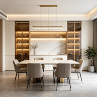 Meubles de cuisine contemporains de luxe sur mesure en MDF avec îlot en cascade, quincaillerie dorée, dressing, TV, salle à manger/salon