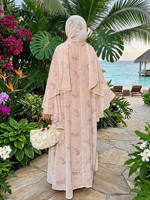 Ensemble trois pièces Abaya ouverte en polyester respirant à imprimé floral en mousseline – Tenue décontractée et élégante pour femme musulmane