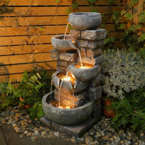 מזרקת מים לגינה בעיצוב מדורג עם 5 קערות, אבנים מדורגות, תאורת לד, סיטונאי - Product Image 4