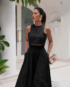 Ensemble deux pièces en dentelle bleue pour femmes Maxfree, haut sans manches à bretelles, jupe longue, élégant, broderie florale, printemps été - Product Image 5