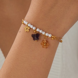 Floral Charm <b>Bracelet</b> For Women Double Layered Pearl Butterfly <b>Flower</b> Jewelry Gift Zinc Alloy B2131 - Product Image 2