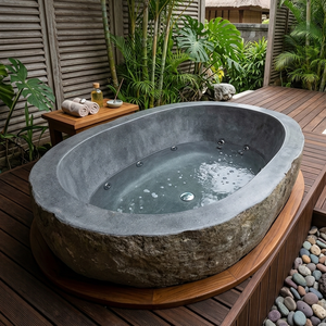 Bañera Ovalada Tradicional para Exterior con Masaje de Aire, Piedra Natural de Río, Gris Oscuro, Tamaño Personalizado, Drenaje Central, Uso en Villas, Segura, de Madera, OEM - Product Image 1