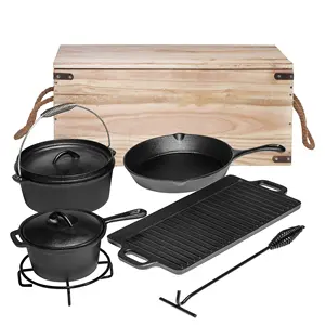 Camping 7 Pieces Cast Iron Camping Cookware Set Outdoor Campfire Cookware