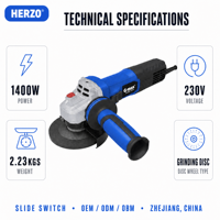 Meuleuse d'angle électrique HERZO 230V 1400W 125mm 3000-11000 tr/min, usage industriel et bricolage