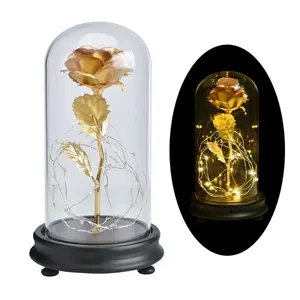 Valentines Dag Gift 24K Gold Foil Rose Bloem Glas Dome Led Houten Basis Galaxy Rose Glas Dome Kunstmatige Groothandel