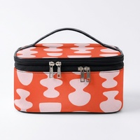 Tas Kosmetik Kulit PU Motif Titik Oranye Abstrak dengan Ritsleting Ganda dan Pegangan untuk Perjalanan