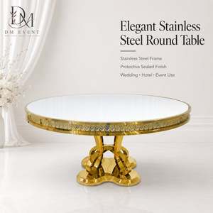 Table de banquet ronde pour hôtel, en acier inoxydable doré, avec base ornée et plateau en verre trempé miroir, vente en gros - Product Image 1