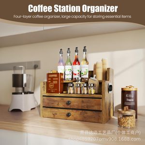 Wooden Liquor Display Rack 36.5x22.3x27cm Double Drawer <b>Desktop</b> Beverage Storage <b>Shelf</b> For Bar Coffee Tea Room - Product Image 3