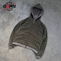 Hoodie Zipper Bolak-Balik 2 Sisi Pria Vintage Motif Kotak-Kotak Oversize Full Zip Streetwear