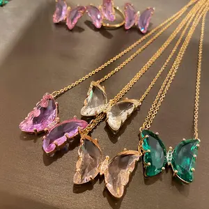 Hot Selling Colorful Glass 18K Gold Plated Pendant Crystal Butterfly Necklace Jewelry Set For Girls