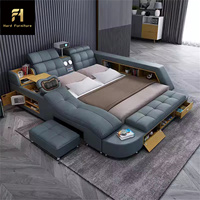 Lit de rangement en cuir multifonction et intelligent King-Size au design moderne-Fourni avec fonctions de rangement pour massage pour la chambre à coucher principale