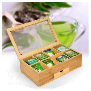 <b>Acrylic</b> Lid Jewelry Box Organizer Moso Bamboo Wooden Tea Bag Box With <b>Drawer</b> Afternoon Tea Box - Product Image 2