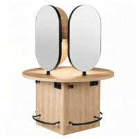 Station de coiffure circulaire commerciale à quatre postes avec miroirs ovales et repose-pieds pour salon de coiffure