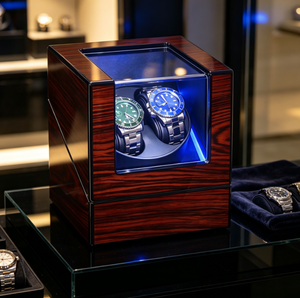 Remontoir de montre en bois pour 2 montres, boîte de rangement rotative éclairée par LED, vitrine anti-poussière pour montres mécaniques - Product Image 5