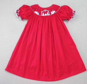 Hand Smocked Girl <b>Dress</b> High Quality Cotton Smocked Red Christmas Nativity Scene <b>Dress</b> Short Puff Sleeve Outfit - Product Image 6