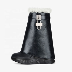 Women's Fur Ankle <b>Boots</b> Wedge Heels Turn Over Round Toe Short Female Shark Lock Causal Increasing Height Shoes - Product Image 1