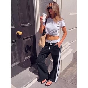 Pantalon de survêtement large pour femme, taille haute, avec cordon de serrage et bandes latérales, style streetwear - Product Image 3