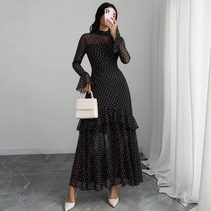 Nuovo <span class=keywords><strong>Abito</strong></span> <span class=keywords><strong>Lungo</strong></span> da Donna Stile Europeo e Americano, <span class=keywords><strong>Nero</strong></span> con Stampe Floreali, Maniche a Volant, per Primavera e Resort - Product Image 2