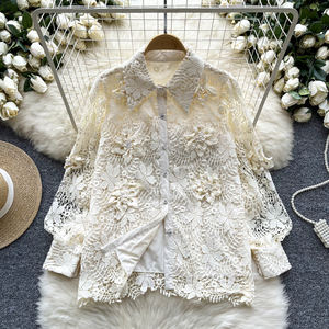 फीता ब्लूज़ महिलाओं गर्मियों की शैली तीन आयामी फूल सिंगल ब्रीस्टेड लंबे आस्तीन ब्लाउज - Product Image 2