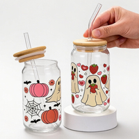 Gobelet en verre personnalisé avec logo, 400 ml, pour Halloween, avec couvercle en bambou et paille, pour café, lait, cola