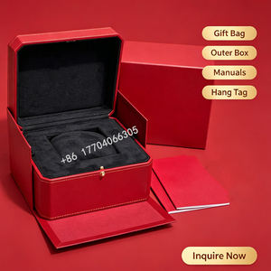 Estuche de reloj rojo premium, juego completo, con cojín de terciopelo suave, embalaje individual para reloj con bolsa de papel a juego y folleto para tienda minorista. - Product Image 2
