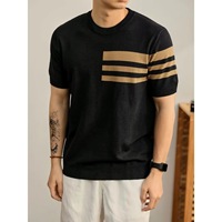 Nouvelle chemise d'été pour homme à manches courtes en maille rayée, coupe ajustée en soie glacée