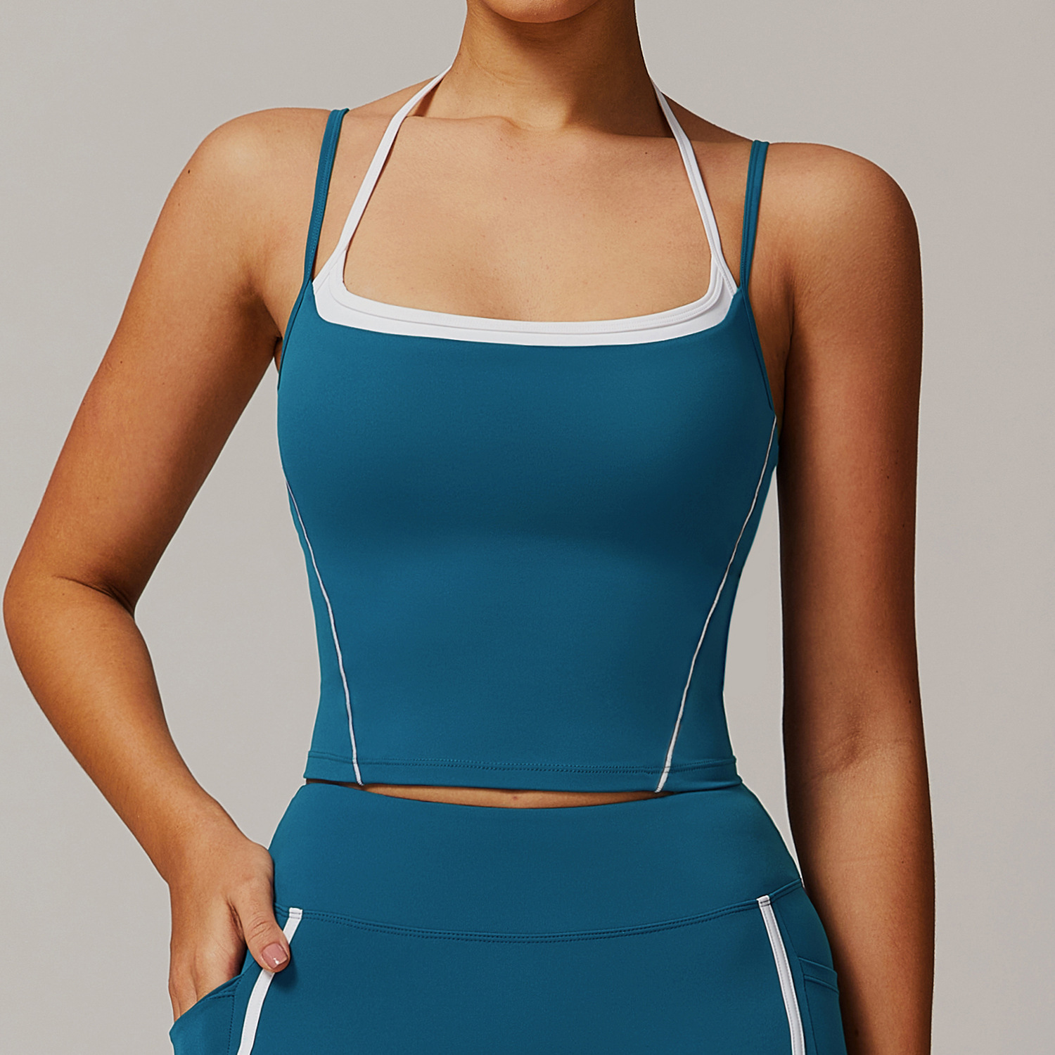US/EU Woman Double Straps Color Contrast Padded Longline Gym Tops Breathable Spring Slim Fit Halter Yoga Crop Tops 2025
