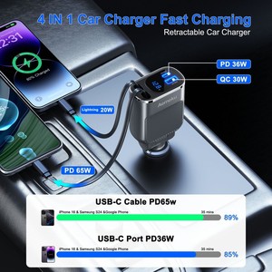 CE FCC ROHS 12V 24V 4 puertos USB 84W PD coche camión estación de carga rápida Cables retráctiles cargador de teléfono para <span class=keywords><strong>iPhone</strong></span> tipo C salida - Product Image 3