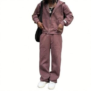High Quality Men's Hooded Joggers Set Solid Color Zipper-Up with Custom Patch Embroidery Anti-Pilling for Autumn - Product Image 1
