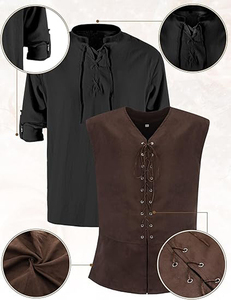 Set di 6 Pezzi Costume da <span class=keywords><strong>Uomo</strong></span> per Halloween Stile Rinascimentale, Gilet Medievale, Camicia, Pantaloni con Elastico alla Caviglia, Cintura Vichinga, Bracciale, Borsa per LARP Vichingo - Product Image 4