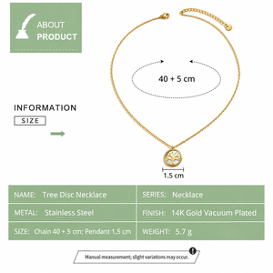 Collier en acier inoxydable plaqué or 14 carats sous vide avec pendentif rond central blanc motif arbre - Product Image 2