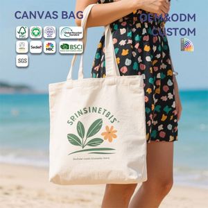 Custom Floral Leaf Printed <b>Canvas</b> Tote Bag Eco-Friendly Reusable <b>Beach</b> Shopping Bag OEM ODM Customizable - Product Image 1
