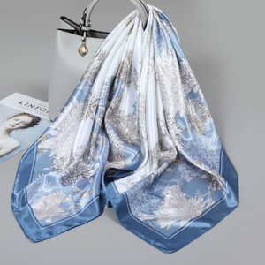 Large 90cm <b>Square</b> <b>Silk</b> <b>Scarf</b> White Camellia and Olive Leaf Print Luxury Gift Wrap Fashion Accessory - Product Image 4