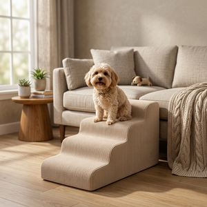 Escalier pour animaux de compagnie, solide, lavable, beige crème, 3 marches, mousse pelucheuse, accessoire pour petit canapé pour chien - Product Image 3