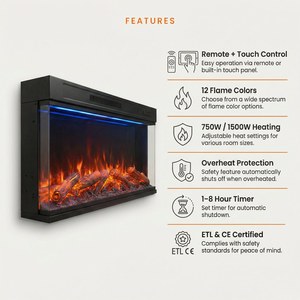 Chimenea Eléctrica de 30 Pulgadas y 3 Lados, 750W/1500W, Empotrada, con Llama Realista, 12 Colores, Control Remoto, para Sala de Estar u Hotel - Product Image 5