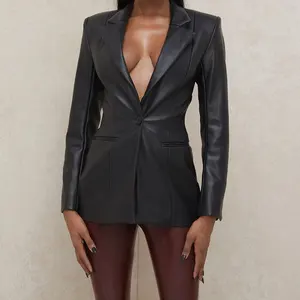 Women Fashion Design Sexy Black Open Back Vegan Leather Jacket