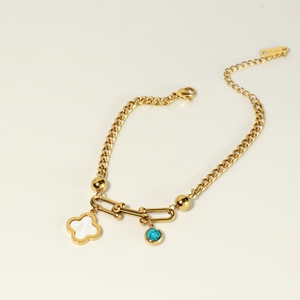 Waterproof 304 Stainless Steel Paperclip Chain <b>Bracelet</b> 18K <b>Gold</b> Plated Floral Charm Round Bead Adjustable Women <b>Beaded</b> <b>Bracelet</b> - Product Image 1