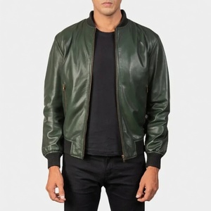 Men's Green Genuine Leather Slim Fit Bomber Jacket with Front Logo <b>Covered</b> <b>Button</b> Closure Regular Fit Solid Color Autumn Style - Product Image 4