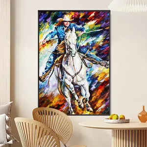 Modern Pop Art Abstract Handpainted Oil Painting of Man Riding Horse Portrait Style Figure Wall Art for Home Decor