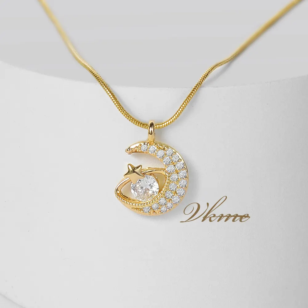 VKME 18K Gold Plated Crystal Pave Moon Star Pendant crescent Zircon necklaces Copper Necklace