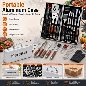 Ensemble d'outils de barbecue en acier inoxydable avec manche en bois, comprenant pinces, ciseaux, fourchette à viande, spatule, masse à viande, tapis et gants - Product Image 1