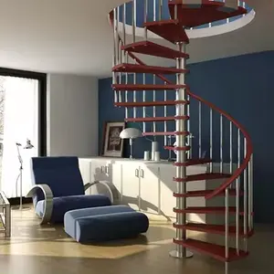 Escada em espiral com viga de aço carbono para trilhos de aço inoxidável DBM com piso de vidro temperado laminado/piso de madeira