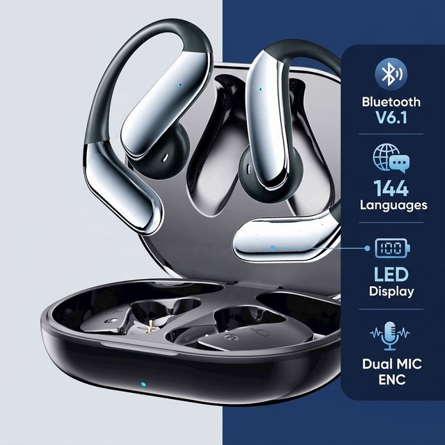 Sports Earhook TWS AI Translation Earbuds for 6.1 IPX-4 Waterproof Touch Control LED Display Hi-Fi Sound Travel Business